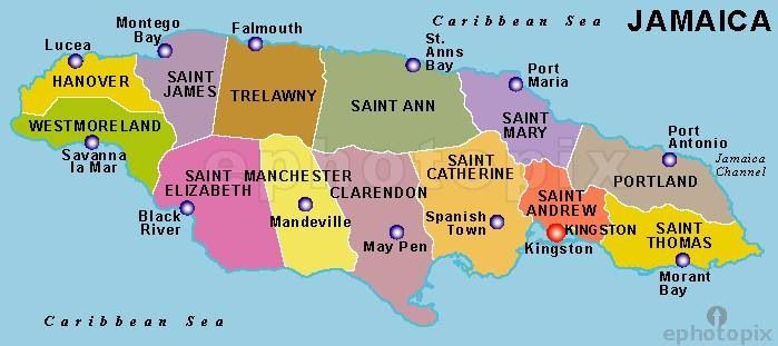 map of Jamaica with parishes